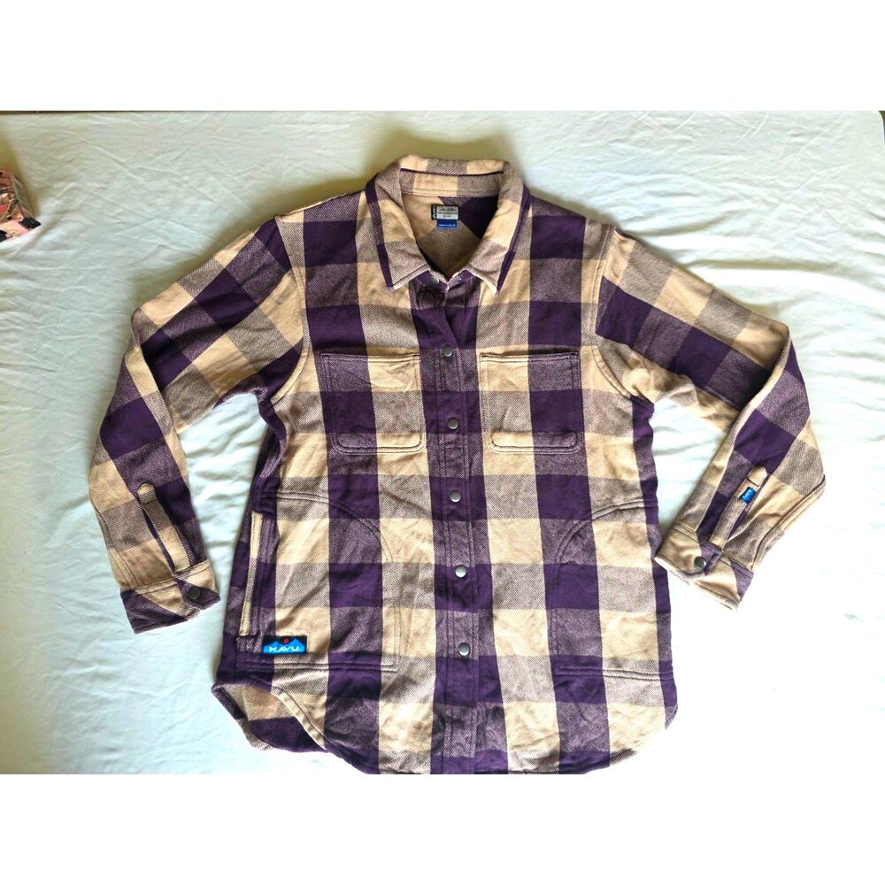 KAVU Plaid Button-Down Flannel Shirt-Jacket - Wren (Purple / Tan) - Women's M